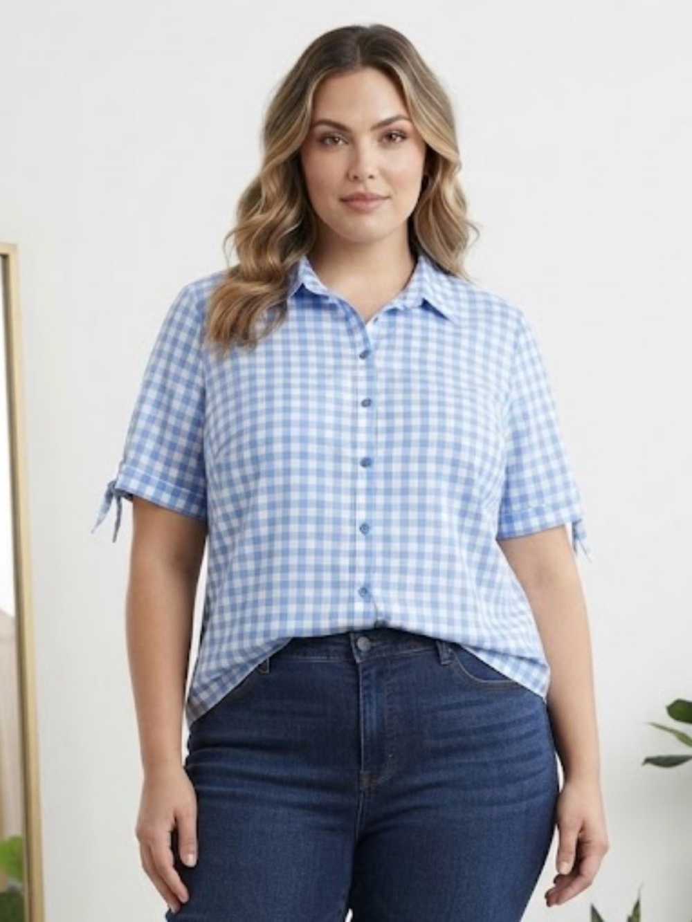 Roaman's Blue and White Gingham Short Sleeve Button-Down Shirt